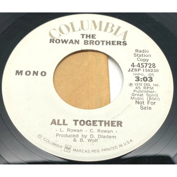 The Rowan Brothers All Together 45 RPM Vinyl 70s Country Rock Promo Columbia - Picture 2 of 6